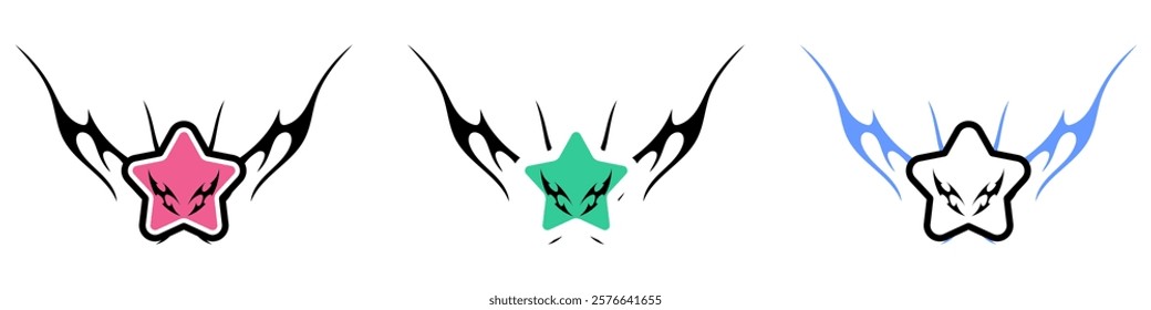 Star Shape with Neo tribal y2k gothic style tattoo Cyber sigilism spikes and sparks for streetwear print designs, spiky y2k aesthetic vector set