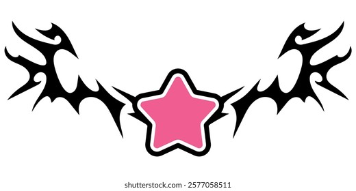 Star Shape with Neo tribal y2k gothic style tattoo Cyber sigilism spikes and sparks for streetwear print designs, spiky y2k aesthetic vector set