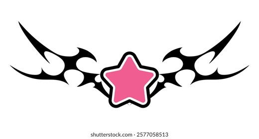 Star Shape with Neo tribal y2k gothic style tattoo Cyber sigilism spikes and sparks for streetwear print designs, spiky y2k aesthetic vector set