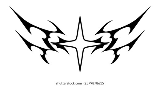 Star Shape with Neo tribal y2k gothic style tattoo Cyber sigilism spikes and sparks for streetwear print designs, spiky y2k aesthetic vector set