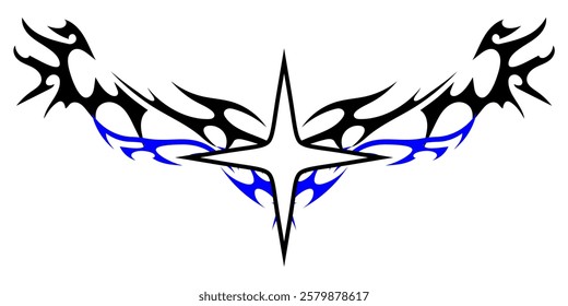 Star Shape with Neo tribal y2k gothic style tattoo Cyber sigilism spikes and sparks for streetwear print designs, spiky y2k aesthetic vector set