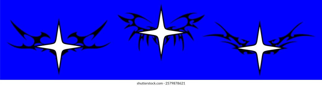 Star Shape with Neo tribal y2k gothic style tattoo Cyber sigilism spikes and sparks for streetwear print designs, spiky y2k aesthetic vector set