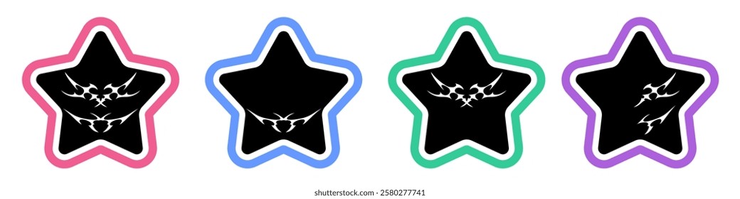 Star Shape with Neo tribal y2k gothic style tattoo Cyber sigilism spikes and sparks for streetwear print designs, spiky y2k aesthetic vector set