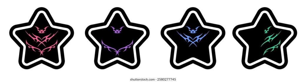 Star Shape with Neo tribal y2k gothic style tattoo Cyber sigilism spikes and sparks for streetwear print designs, spiky y2k aesthetic vector set