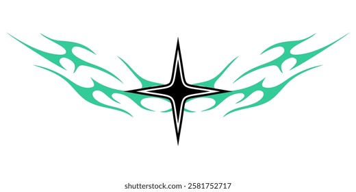 Star Shape with Neo tribal y2k gothic style tattoo Cyber sigilism spikes and sparks for streetwear print designs, spiky y2k aesthetic vector set