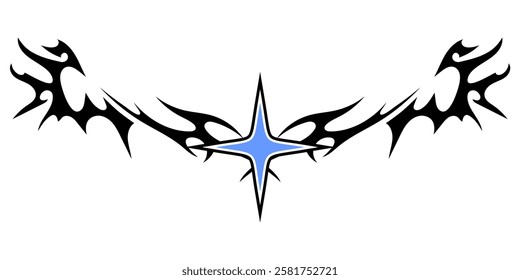 Star Shape with Neo tribal y2k gothic style tattoo Cyber sigilism spikes and sparks for streetwear print designs, spiky y2k aesthetic vector set