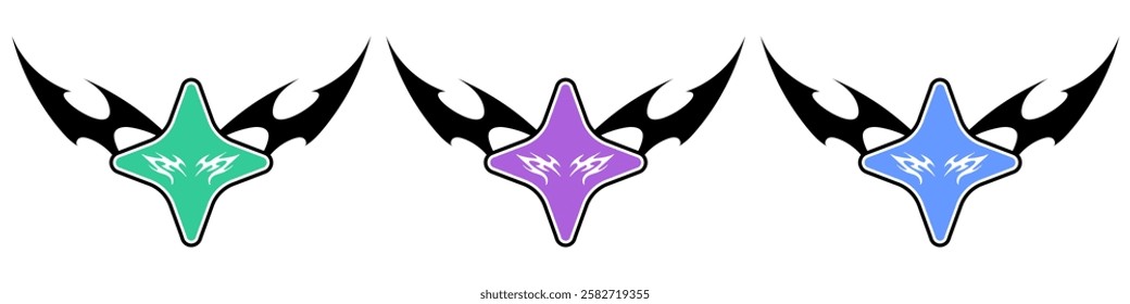 Star Shape with Neo tribal y2k gothic style tattoo Cyber sigilism spikes and sparks for streetwear print designs, spiky y2k aesthetic vector set	