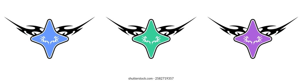 Star Shape with Neo tribal y2k gothic style tattoo Cyber sigilism spikes and sparks for streetwear print designs, spiky y2k aesthetic vector set	