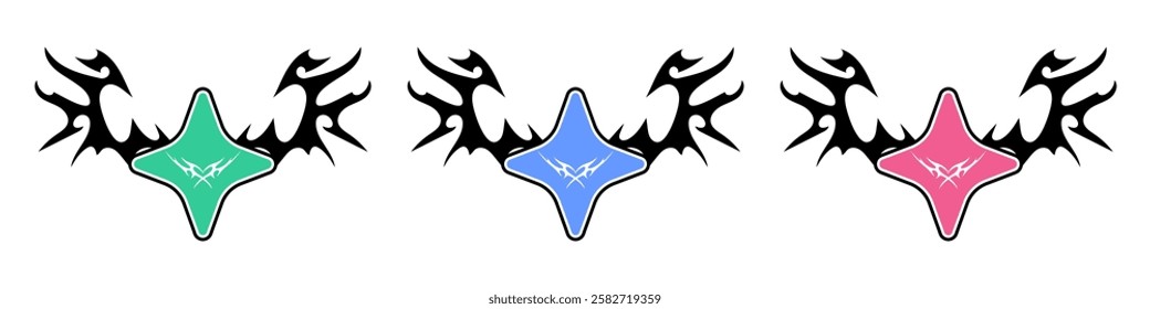 Star Shape with Neo tribal y2k gothic style tattoo Cyber sigilism spikes and sparks for streetwear print designs, spiky y2k aesthetic vector set	