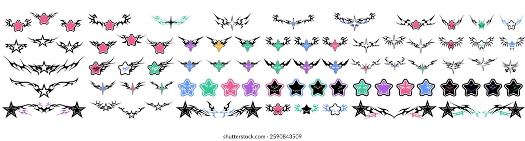 Star Shape with Neo tribal y2k gothic style tattoo Cyber sigilism spikes and sparks for streetwear print designs, spiky y2k aesthetic vector set