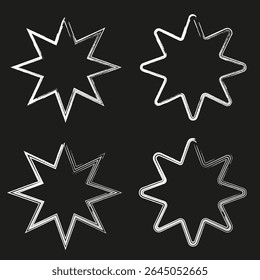 Padrão de forma de estrela. Elemento de oito pontos. Contraste do plano de fundo preto. Símbolo branco vetorial.