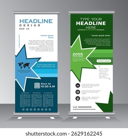 Star shape roll up banner template design for business, modern x-banner with green and blue, Bussiness standees banner advertising. roll up vector banner template illustration