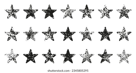 Star Shape Set with Grunge Texture. Dirty Old Vintage Stamp Collection. Retro Distressed Black Star Symbol. Abstract Design Element. Isolated Vector Illustration.