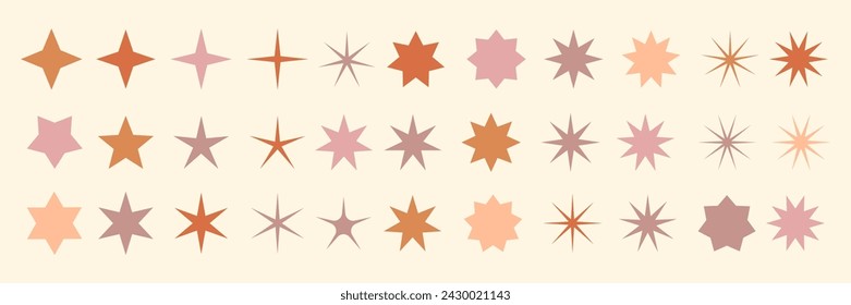 Conjunto de forma de estrella paleta de colores de melocotón. Icono de estrellas de silueta minimalista, símbolos de forma de estrella de centelleo. Elementos geométricos modernos, iconos de estrellas brillantes, conjunto de símbolos de siluetas negras brillantes abstractas