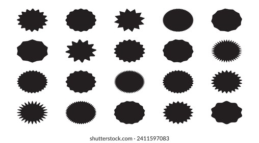 Star shape, starburst sticker burst, oval badge price, sale label vector icon, seal tag. Award, achievement, medal set. Black simple illustration isolated on white background