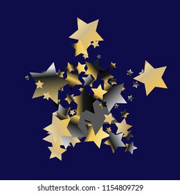 Star shape from stars confetti. Isolated gradient celestial elements. Platinum chrome metallic gloss. Iridescent glitter festive celebration vector template.