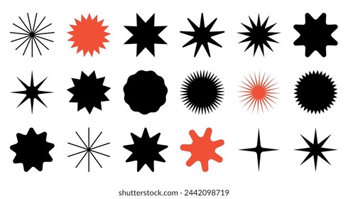 Pegatinas en forma de estrella, insignias. Conjunto de estrellas, iconos de ráfagas de sol. Iconos negros sobre fondo blanco. Etiquetas vintage planas.