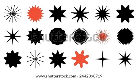Star shape stickers set, badges. Set of starburst, sunburst icons. Black icons on a white background. Flat vintage labels.