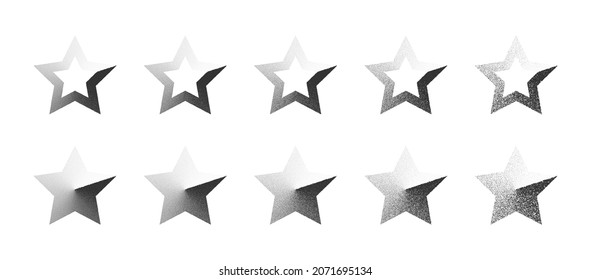 Star Shape Stippled Clockwise Gradient Hand Drawn Dotwork Vector Abstract Shapes Set In Different Variations Isolated On White Background. Various Degree Black Noise Dotted Design Elements Collection