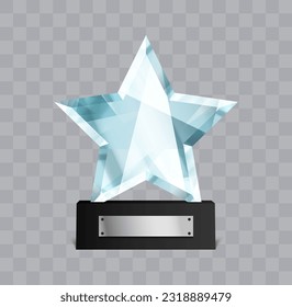 Star shape winner glass trophy. Crystal prize. First place award vector illustration