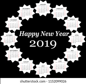 Star shaped 2019 vector calendar in black background.