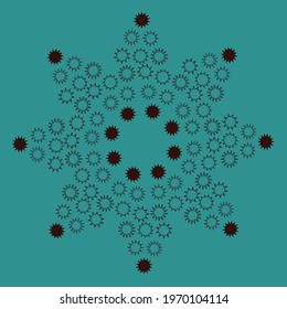 Star shaped abstract ornament with black suns on a dusty green background. Vector, eps 10.