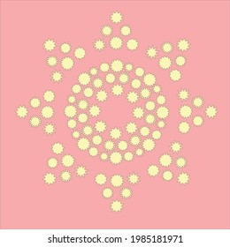 Star shaped abstract ornament with yellow suns on a coral background. Vector