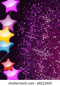 star shaped balloons on a sparkling mosaic purple background