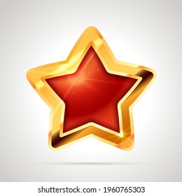 Star shaped bright glossy golden badge icon with soviet sickle and hammer, communist USSR symbol isolated on white