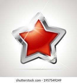 Star shaped bright glossy silver badge icon with soviet sickle and hammer, communist USSR symbol isolated on white