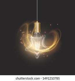 Star shaped bulb in retro style on dark substrate, glowing light bulb in realistic style Vector EPS 10 format