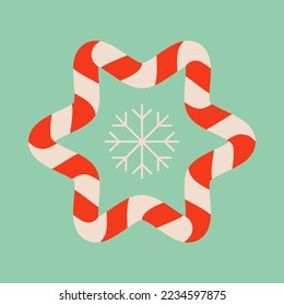 Star shaped Christmas candy cane illustration. Striped Christmas ornament on ice blue background. Snowflake symbol. Cute xmas concept, holiday greetings. Great for Christmas and New Year party design.