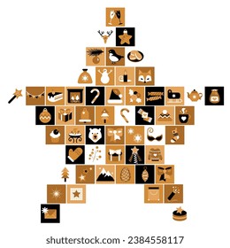 Star shaped collage stacked of square icons with symbols and signs of Christmas. Pictograms in boho style. Festive New Year vector isolated on beige background for holiday design