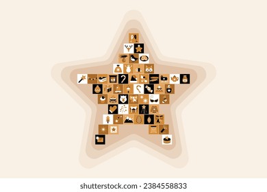 Star shaped collage stacked of square icons with symbols and signs of Christmas. Pictograms in boho style. Festive New Year vector isolated on beige background for holiday design