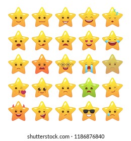 Star shaped comic emoticons isolated set. Smile faces with various facial expressions. Cute emoji symbols for internet chatting. Funny social communication and mood message vector elements.