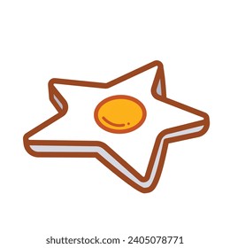 Star shaped cooked sunny side up egg telur mata sapi colored vector icon illustration outlined isolated on plain white background. Simple flat cartoon art styled salty and tasty food drawing.