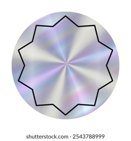 Star shaped design in circle with metallic finish, displaying iridescent colors that change in response to light. Hologram empty sticker .