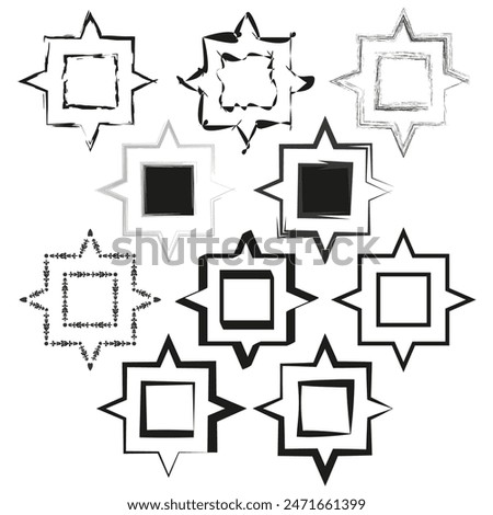 Star shaped frame collection. Geometric square borders. Black and white vector. Decorative design set.