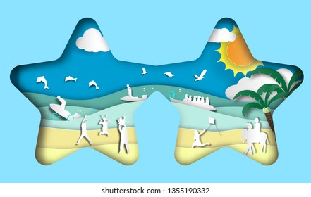 Star shaped frame with sea view and scooter in summer with happy family and friends jumping on the beach of paper art style ,vector or illustration with travel concept