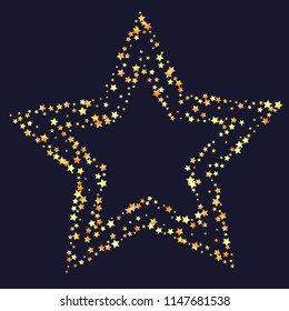 Star shaped frame from stars confetti.
 Isolated yellow orange red gradient stellar elements. Festive iridescent holographic shine effect vector template for decorations, invitation cards.
