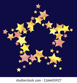Star shaped frame from stars confetti. Isolated yellow orange red gradient celestial elements. Holiday celebration luminous glossy vector template for celebration decorations.