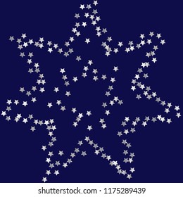 Star shaped frame from stars confetti. Isolated gradient stellar elements. Platinum metallic gloss. Festive iridescent holographic shine effect vector template for celebration decorations.