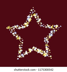 Star shaped frame from stars confetti. Isolated yellow blue white  grey  gradient stellar elements. Festive iridescent holographic shine effect vector template for celebration decorations.
