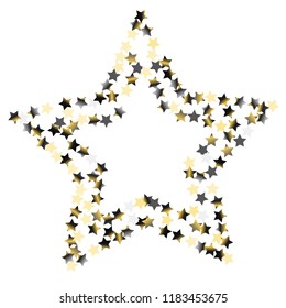 Star shaped frame from stars confetti. Isolated gradient stellar elements. Platinum chrome metallic gloss. Festive iridescent holographic shine effect vector template for celebration decorations.