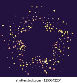 Star shaped frame from stars confetti. Isolated yellow orange red gradient celestial elements. Festive iridescent holographic shine effect vector template for celebration decorations.