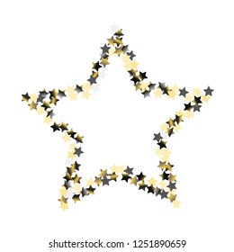 Star shaped frame from stars confetti. Isolated gradient celestial elements. Platinum chrome metallic gloss. Holiday celebration luminous glossy vector template for celebration decorations.