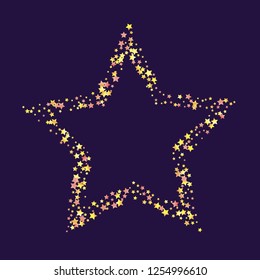 Star shaped frame from stars confetti. Isolated yellow orange red gradient celestial elements. Festive iridescent holographic shine effect vector template for celebration decorations.