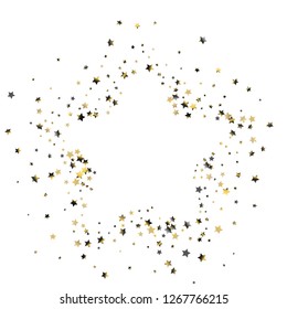 Star shaped frame from stars confetti. Isolated gradient stellar elements. Platinum chrome metal shine. Holiday celebration luminous glossy vector template for celebration decorations.