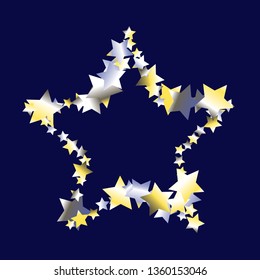 Star shaped frame from stars confetti. Isolated yellow blue white  grey gradient celestial elements. Iridescent glitter festive  celebration vector  template for celebration decorations.