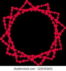 Star shaped frame with twelve rays made of different sized red cartoon hearts isolated on black background with round copy space in centre. Vector border with heart, scrapbooking template, photo frame
